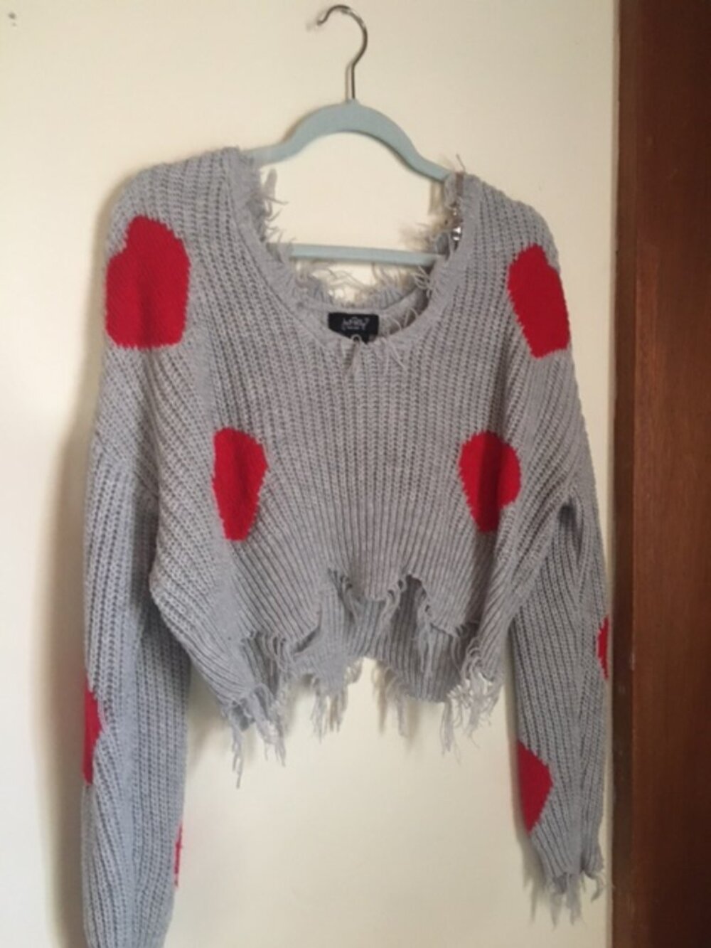Grey Cropped Distressed Trim Sweater with Red Hearts